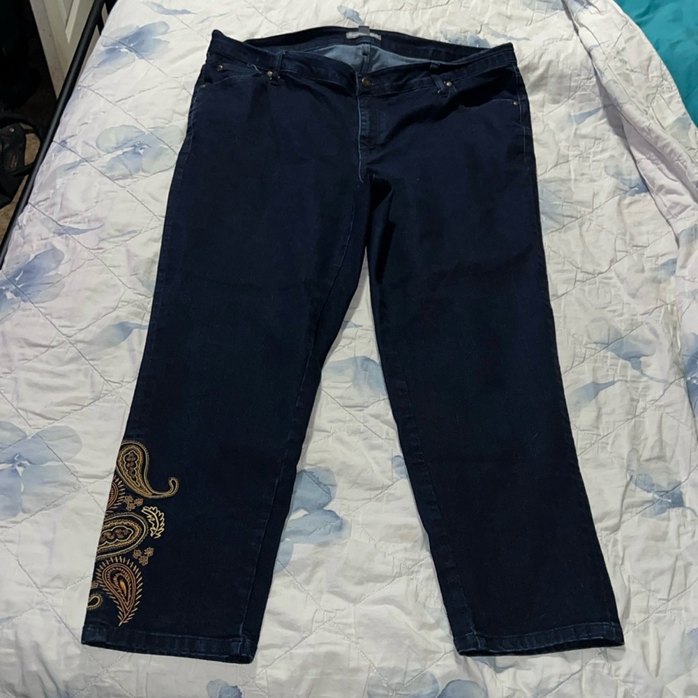 Jessica London Navy Denim Paisley Embroidered Jeans Size 16W